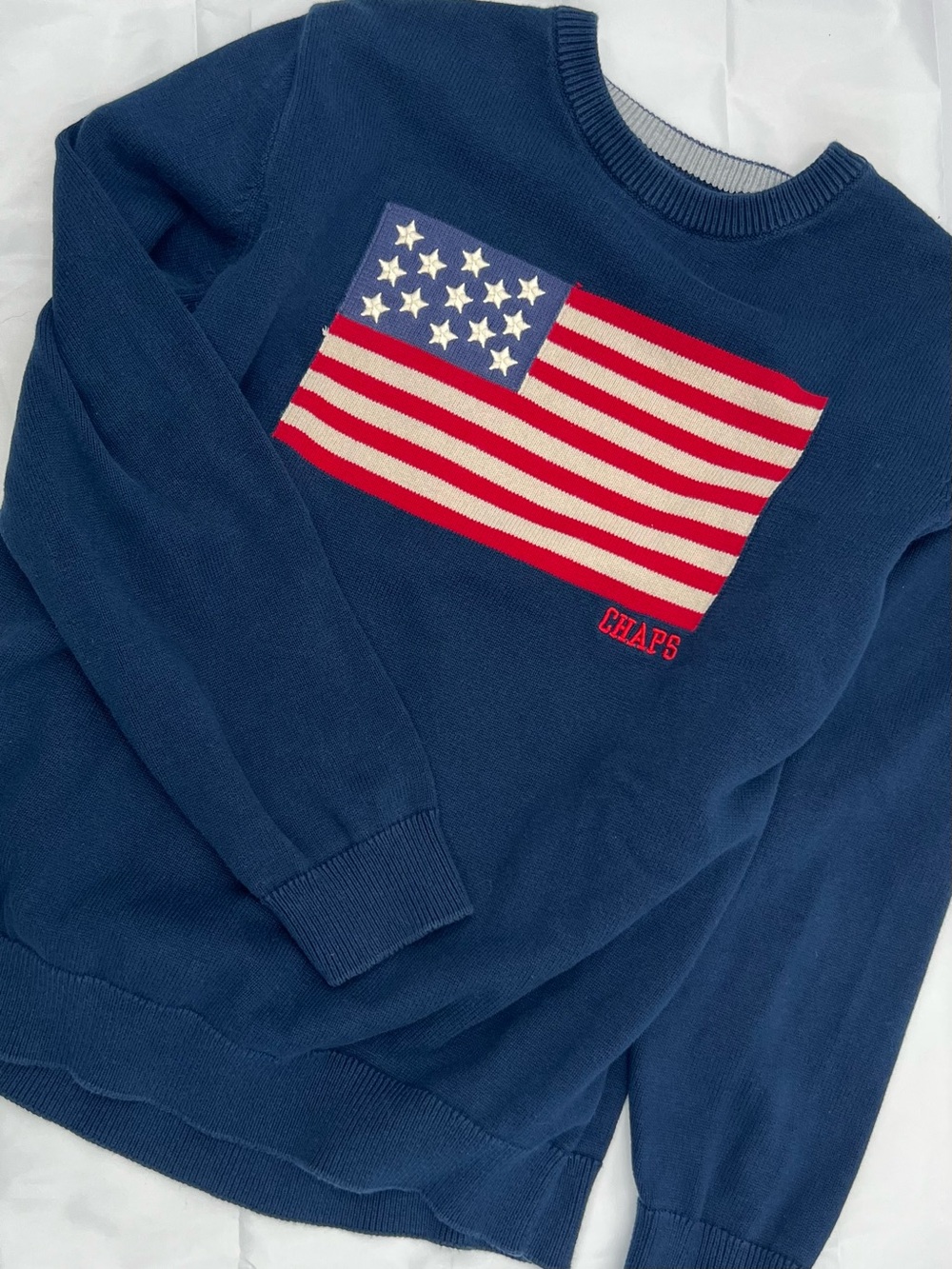 119 Chaps Navy Crewneck Sweater with American Flag Knit Large